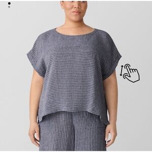 EILEEN FISHER Puckered Organic Linen Ballet Neck Top Striped Gauze Shirt 1X